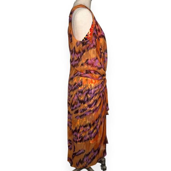 DIANE VON FURSTENBERG 100%Silk Midi Sheath Dress Sleeveless Animal Print Chic L - Picture 2 of 10
